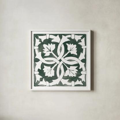 Andalusian Tile III Pine Green by Mercedes Lopez Charro. Shown in a crisp white glass frame for a clean and minimalist style. Available as an archival giclee rolled canvas, fine art paper, or poster print. SKU 70257a.