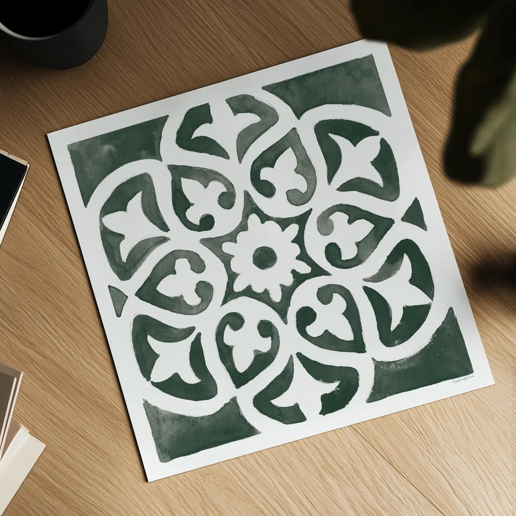 Andalusian Tile IV Pine Green by Mercedes Lopez Charro. Shown as a detailed flat fine art print, highlighting archival giclee quality. Available as an archival giclee rolled canvas, fine art paper, or poster print. SKU 70258a.
