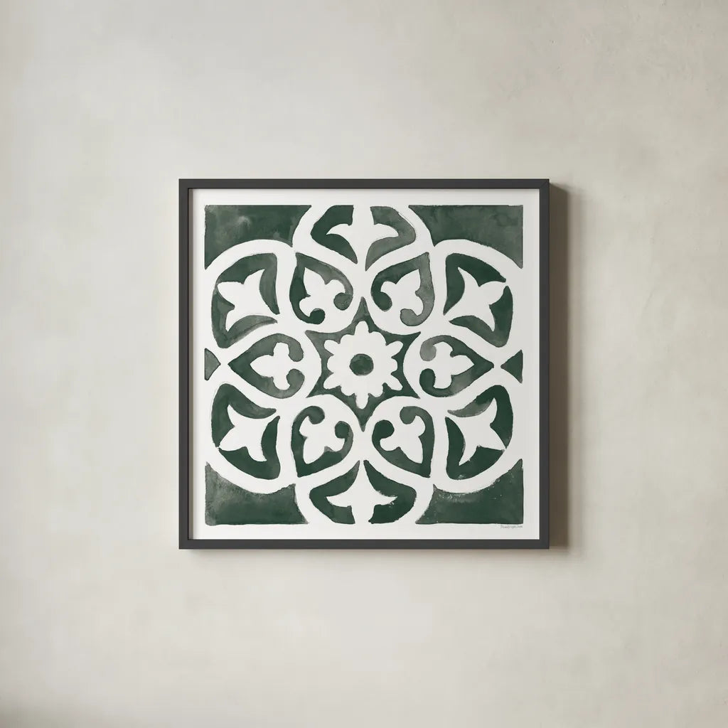 Andalusian Tile IV Pine Green by Mercedes Lopez Charro. Shown in a sleek black glass frame for a contemporary gallery look. Available as an archival giclee rolled canvas, fine art paper, or poster print. SKU 70258a.