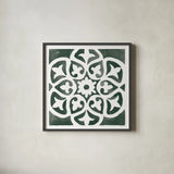 Andalusian Tile IV Pine Green by Mercedes Lopez Charro. Shown in a sleek black glass frame for a contemporary gallery look. Available as an archival giclee rolled canvas, fine art paper, or poster print. SKU 70258a.