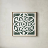 Andalusian Tile IV Pine Green by Mercedes Lopez Charro. Shown in a natural wood glass frame for a timeless modern aesthetic. Available as an archival giclee rolled canvas, fine art paper, or poster print. SKU 70258a.
