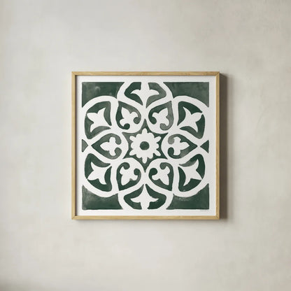 Andalusian Tile IV Pine Green by Mercedes Lopez Charro. Shown in a natural wood glass frame for a timeless modern aesthetic. Available as an archival giclee rolled canvas, fine art paper, or poster print. SKU 70258a.
