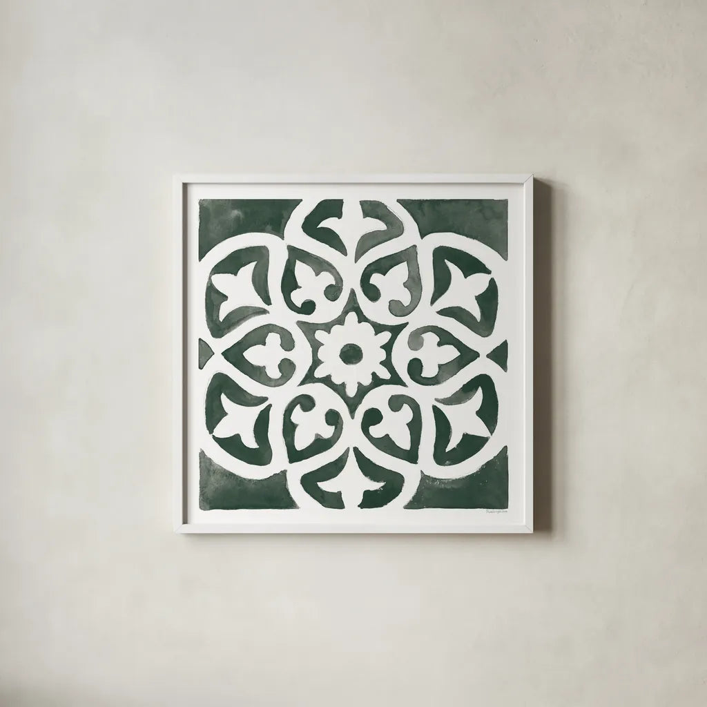 Andalusian Tile IV Pine Green by Mercedes Lopez Charro. Shown in a crisp white glass frame for a clean and minimalist style. Available as an archival giclee rolled canvas, fine art paper, or poster print. SKU 70258a.