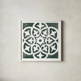Andalusian Tile IV Pine Green by Mercedes Lopez Charro. Shown in a crisp white glass frame for a clean and minimalist style. Available as an archival giclee rolled canvas, fine art paper, or poster print. SKU 70258a.