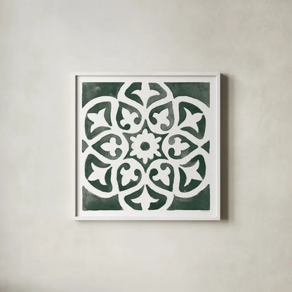 Andalusian Tile IV Pine Green by Mercedes Lopez Charro. Shown in a crisp white glass frame for a clean and minimalist style. Available as an archival giclee rolled canvas, fine art paper, or poster print. SKU 70258a.