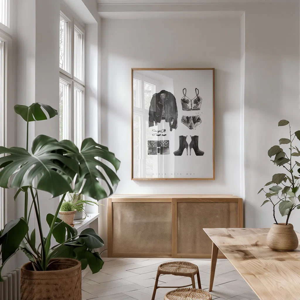 Back to Black III by Mercedes Lopez Charro. shown as a print in a natural wood frame in a dining room. Available as a archival giclee rolled canvas, fine art paper, or poster print. SKU 66609h.