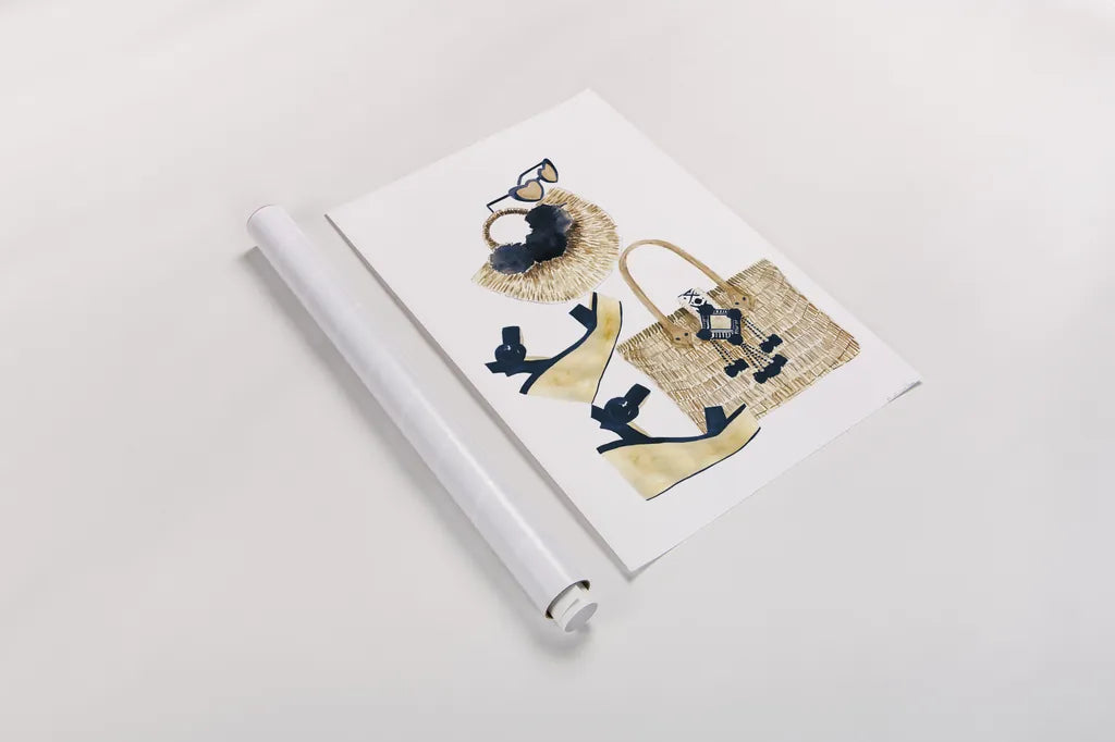 Beach Glam I Navy by Mercedes Lopez Charro. shown as a rolled paper print. Available as archival giclee rolled canvas, fine art paper, or poster print. SKU 70630h.