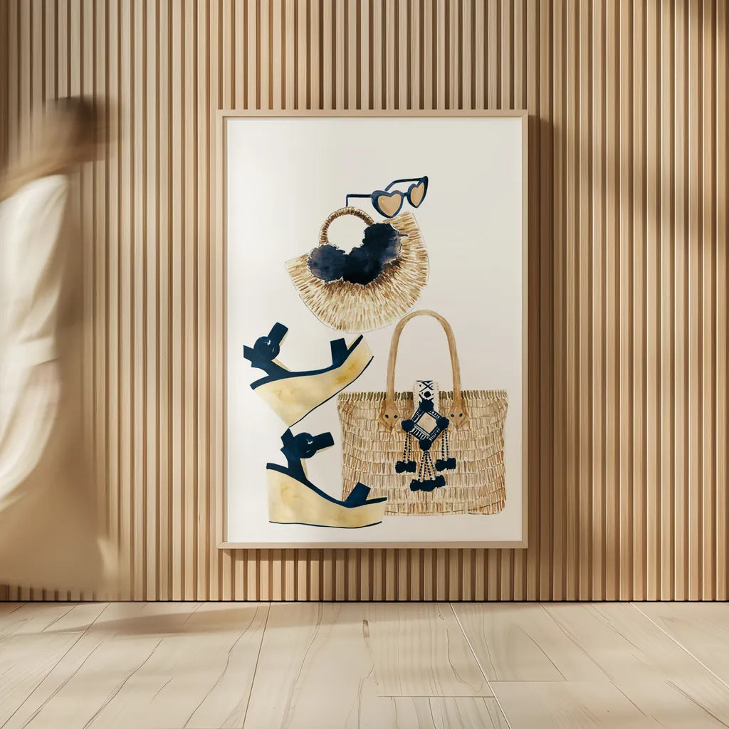 Beach Glam I Navy by Mercedes Lopez Charro. shown as over sized large wall art. Available as an archival giclee rolled canvas, fine art paper, or poster print. SKU 70630h.