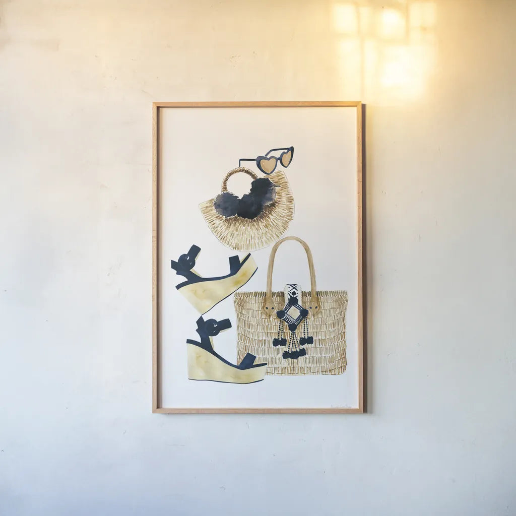 Beach Glam I Navy by Mercedes Lopez Charro. shown as a paper print in a natural frame. Available as a archival giclee rolled canvas, fine art paper, or poster print. SKU 70630h.