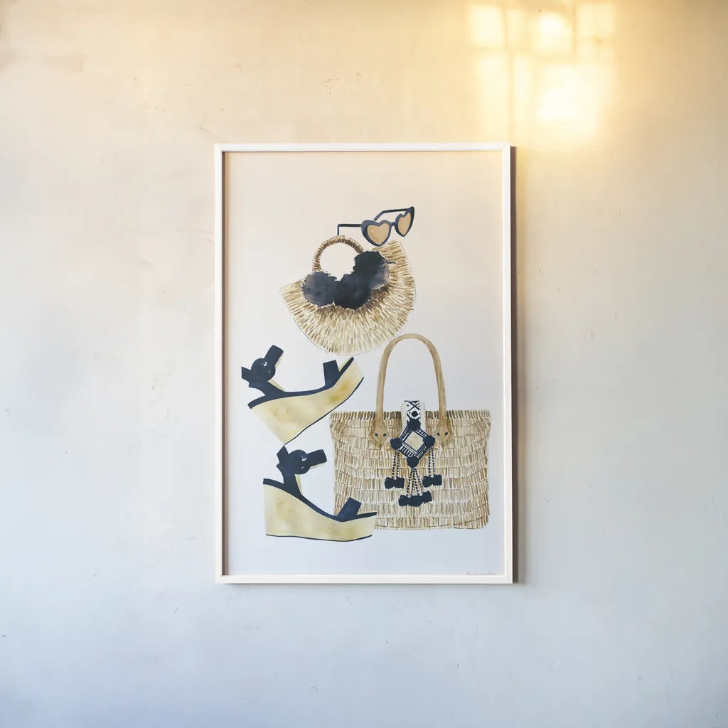 Beach Glam I Navy by Mercedes Lopez Charro. shown as a paper print in a white frame. Available as a archival giclee rolled canvas, fine art paper, or poster print. SKU 70630h.