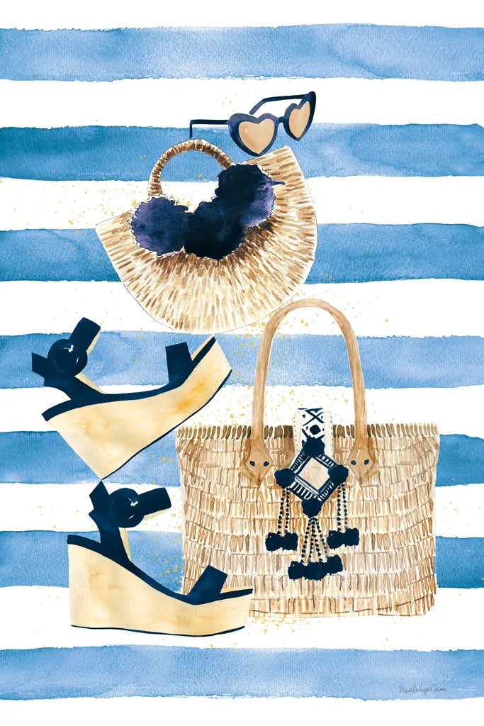 Beach Glam I Navy on Stripes by Mercedes Lopez Charro. SKU 71993h. Archival Giclee Fine art print for wall decor.