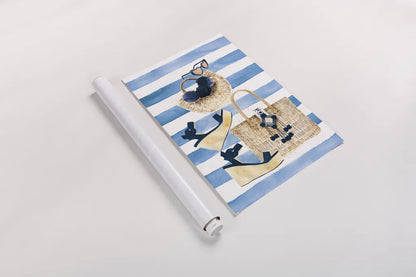 Beach Glam I Navy on Stripes by Mercedes Lopez Charro. shown as a rolled paper print. Available as archival giclee rolled canvas, fine art paper, or poster print. SKU 71993h.