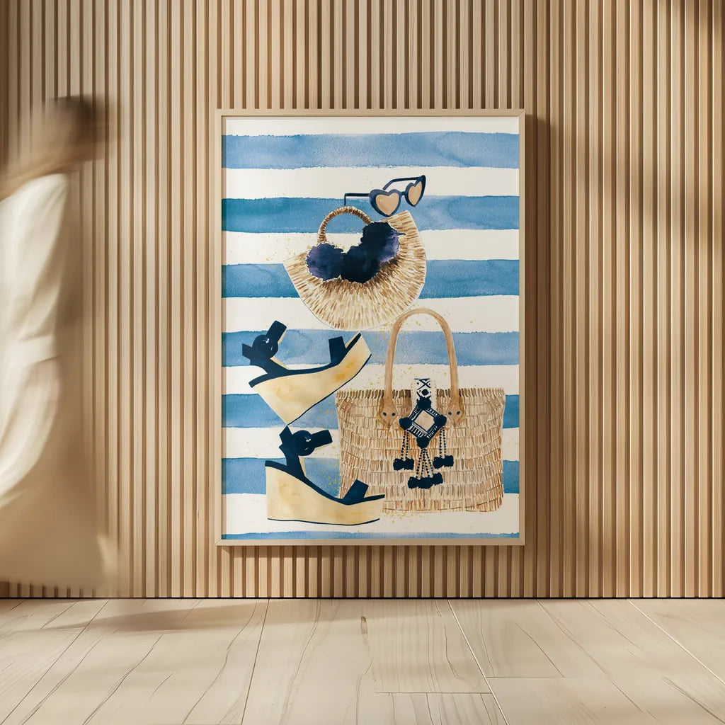 Beach Glam I Navy on Stripes by Mercedes Lopez Charro. shown as over sized large wall art. Available as an archival giclee rolled canvas, fine art paper, or poster print. SKU 71993h.