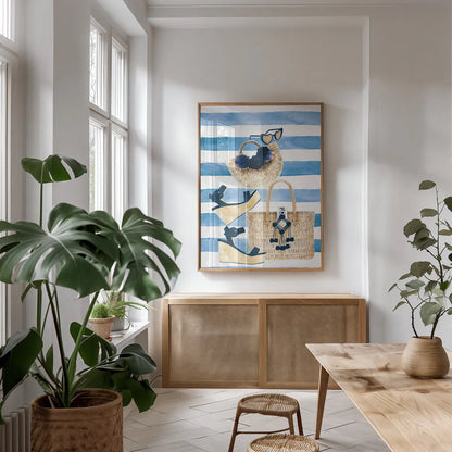 Beach Glam I Navy on Stripes by Mercedes Lopez Charro. shown as a print in a natural wood frame in a dining room. Available as a archival giclee rolled canvas, fine art paper, or poster print. SKU 71993h.