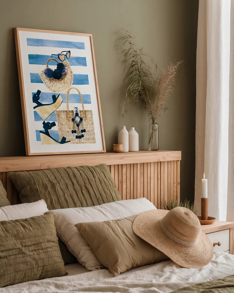 Beach Glam I Navy on Stripes by Mercedes Lopez Charro. shown as a paper print in a natural frame. Available as a archival giclee rolled canvas, fine art paper, or poster print. SKU 71993h.