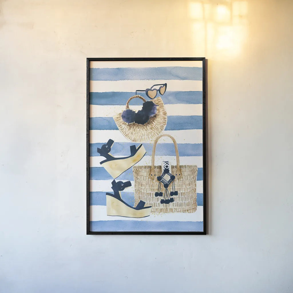 Beach Glam I Navy on Stripes by Mercedes Lopez Charro. shown as a paper print in a black flame. Available as a archival giclee rolled canvas, fine art paper, or poster print. SKU 71993h.