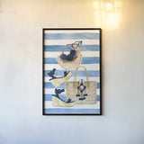 Beach Glam I Navy on Stripes by Mercedes Lopez Charro. shown as a paper print in a black flame. Available as a archival giclee rolled canvas, fine art paper, or poster print. SKU 71993h.