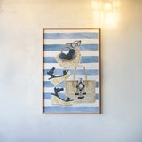 Beach Glam I Navy on Stripes by Mercedes Lopez Charro. shown as a paper print in a natural frame. Available as a archival giclee rolled canvas, fine art paper, or poster print. SKU 71993h.