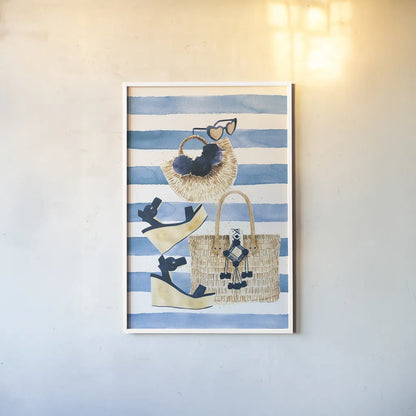 Beach Glam I Navy on Stripes by Mercedes Lopez Charro. shown as a paper print in a white frame. Available as a archival giclee rolled canvas, fine art paper, or poster print. SKU 71993h.