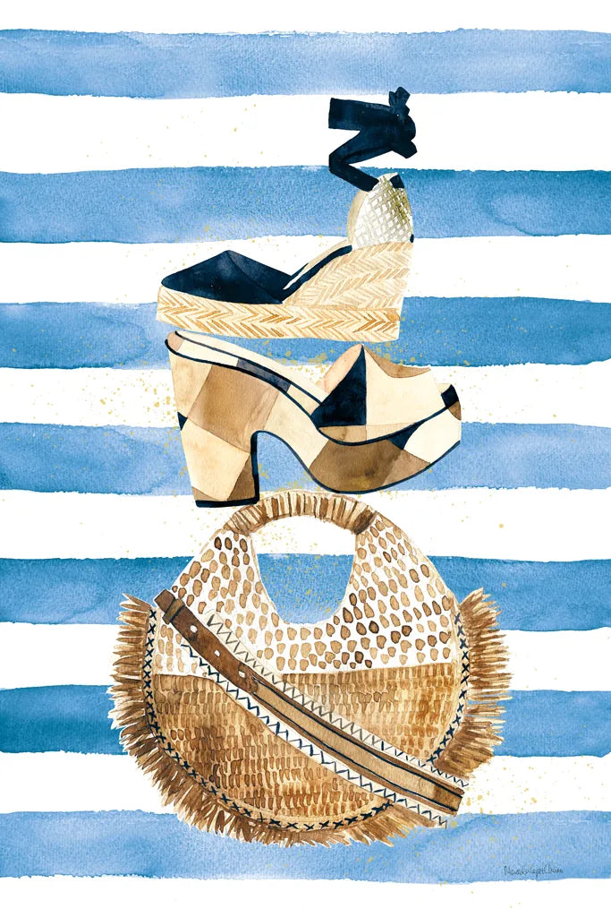 Beach Glam II Navy on Stripes by Mercedes Lopez Charro. SKU 71994h. Archival Giclee Fine art print for wall decor.