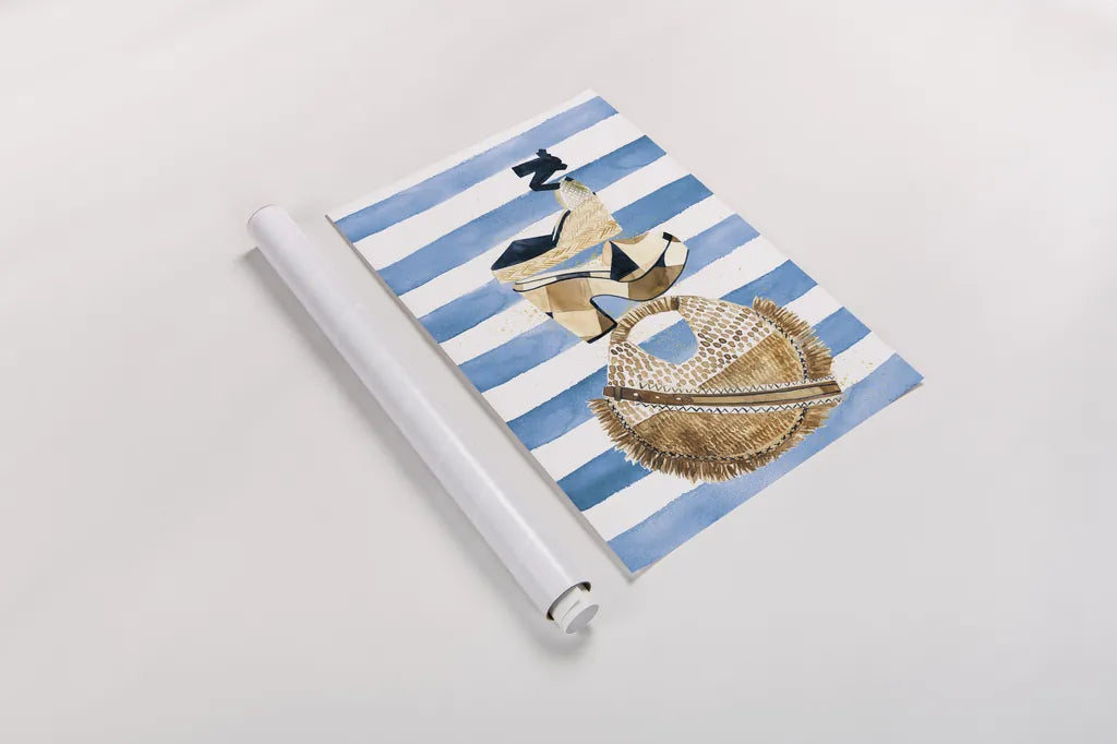 Beach Glam II Navy on Stripes by Mercedes Lopez Charro. shown as a rolled paper print. Available as archival giclee rolled canvas, fine art paper, or poster print. SKU 71994h.