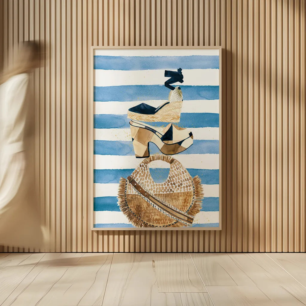 Beach Glam II Navy on Stripes by Mercedes Lopez Charro. shown as over sized large wall art. Available as an archival giclee rolled canvas, fine art paper, or poster print. SKU 71994h.