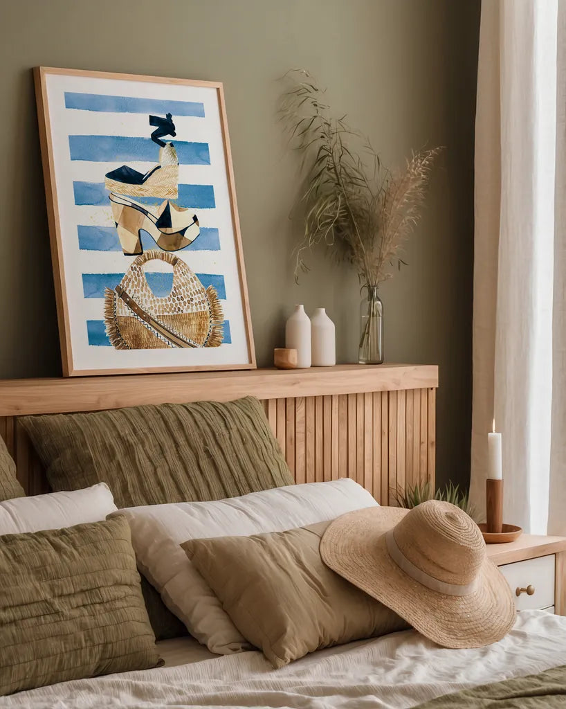 Beach Glam II Navy on Stripes by Mercedes Lopez Charro. shown as a paper print in a natural frame. Available as a archival giclee rolled canvas, fine art paper, or poster print. SKU 71994h.