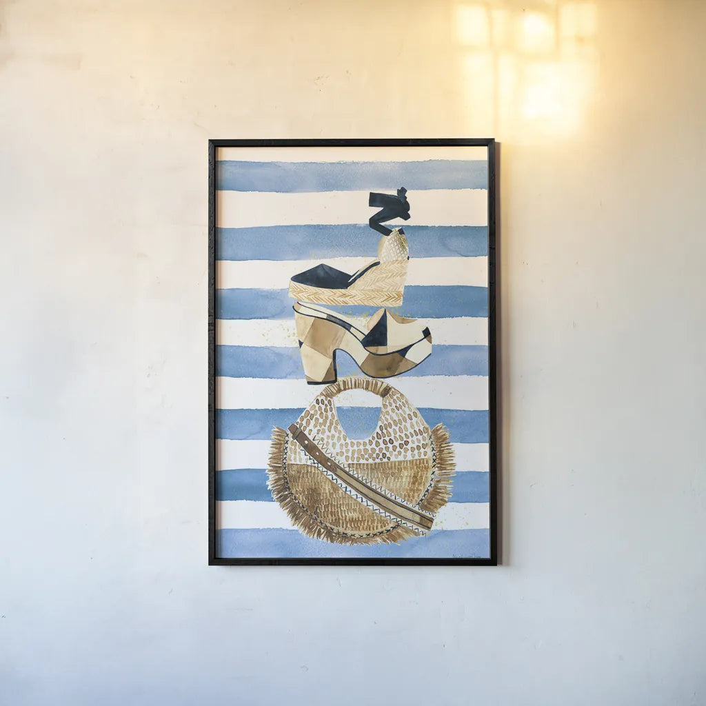 Beach Glam II Navy on Stripes by Mercedes Lopez Charro. shown as a paper print in a black flame. Available as a archival giclee rolled canvas, fine art paper, or poster print. SKU 71994h.