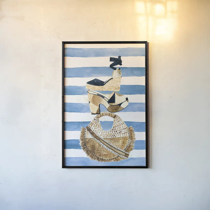 Beach Glam II Navy on Stripes by Mercedes Lopez Charro. shown as a paper print in a black flame. Available as a archival giclee rolled canvas, fine art paper, or poster print. SKU 71994h.