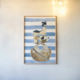 Beach Glam II Navy on Stripes by Mercedes Lopez Charro. shown as a paper print in a natural frame. Available as a archival giclee rolled canvas, fine art paper, or poster print. SKU 71994h.