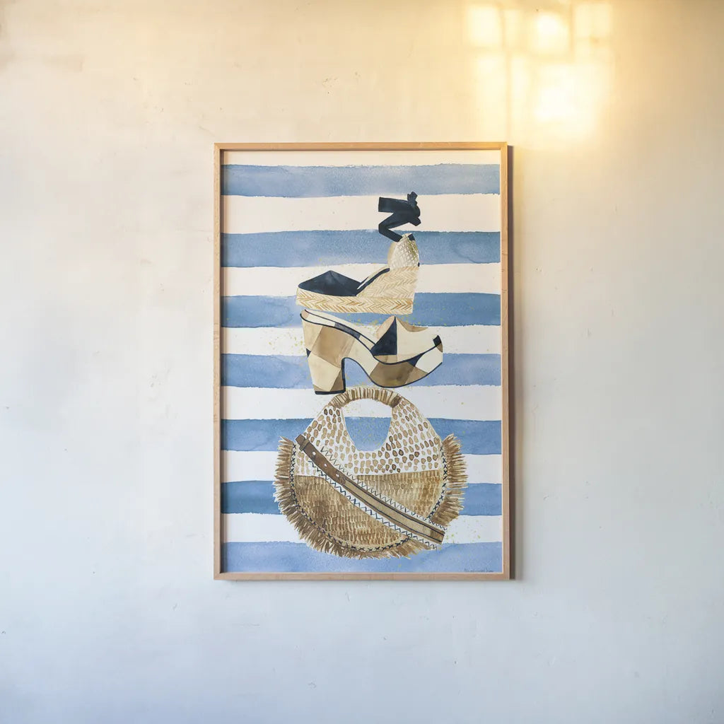 Beach Glam II Navy on Stripes by Mercedes Lopez Charro. shown as a paper print in a natural frame. Available as a archival giclee rolled canvas, fine art paper, or poster print. SKU 71994h.