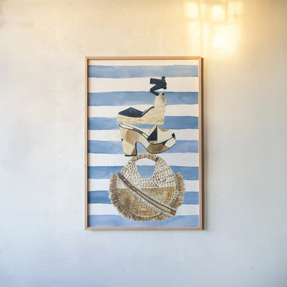 Beach Glam II Navy on Stripes by Mercedes Lopez Charro. shown as a paper print in a natural frame. Available as a archival giclee rolled canvas, fine art paper, or poster print. SKU 71994h.