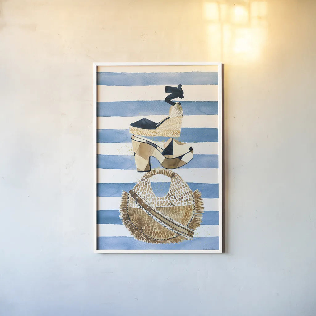 Beach Glam II Navy on Stripes by Mercedes Lopez Charro. shown as a paper print in a white frame. Available as a archival giclee rolled canvas, fine art paper, or poster print. SKU 71994h.
