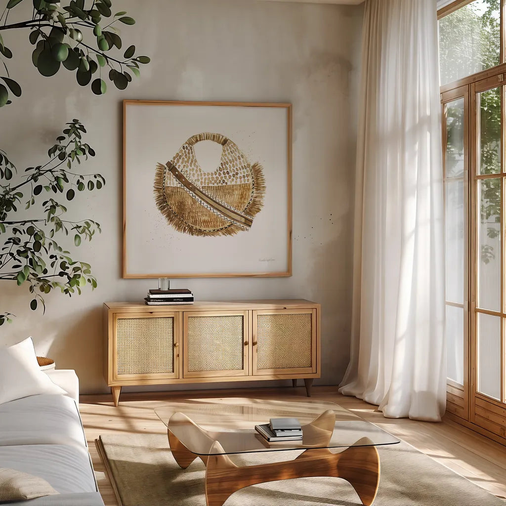 Beach Glam III No Words by Mercedes Lopez Charro. Shown in a natural wood frame in a cozy modern living room. Available as an archival giclee rolled canvas, fine art paper, or poster print. SKU 68791a.