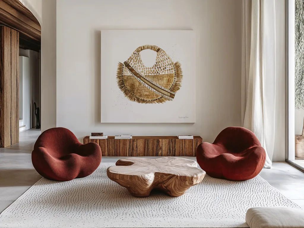 Beach Glam III No Words by Mercedes Lopez Charro. Shown as extra-large giant wall art in a modern living room. Available as an archival giclee rolled canvas, fine art paper, or poster print. SKU 68791a.