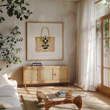 Beach Glam IV by Mercedes Lopez Charro. Shown in a natural wood frame in a cozy modern living room. Available as an archival giclee rolled canvas, fine art paper, or poster print. SKU 68585a.