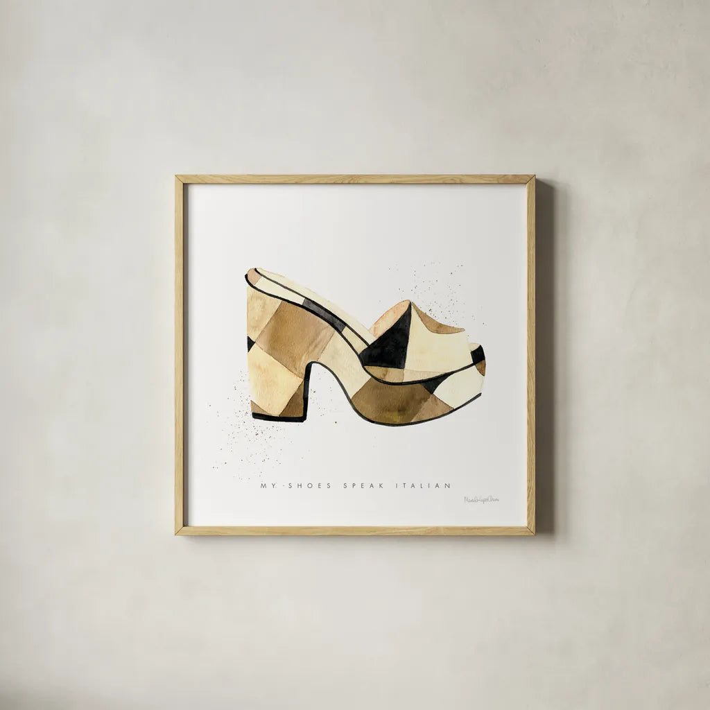 Beach Glam V by Mercedes Lopez Charro. Shown in a natural wood glass frame for a timeless modern aesthetic. Available as an archival giclee rolled canvas, fine art paper, or poster print. SKU 68586a.