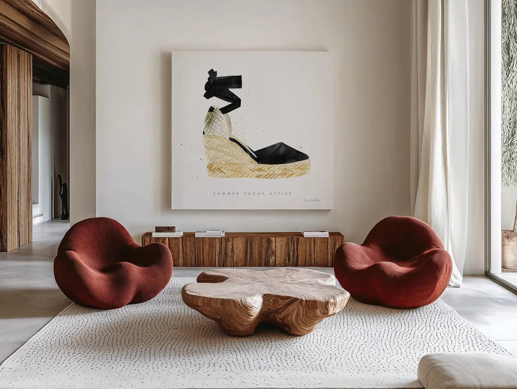 Beach Glam VI by Mercedes Lopez Charro. Shown as extra-large giant wall art in a modern living room. Available as an archival giclee rolled canvas, fine art paper, or poster print. SKU 68587a.