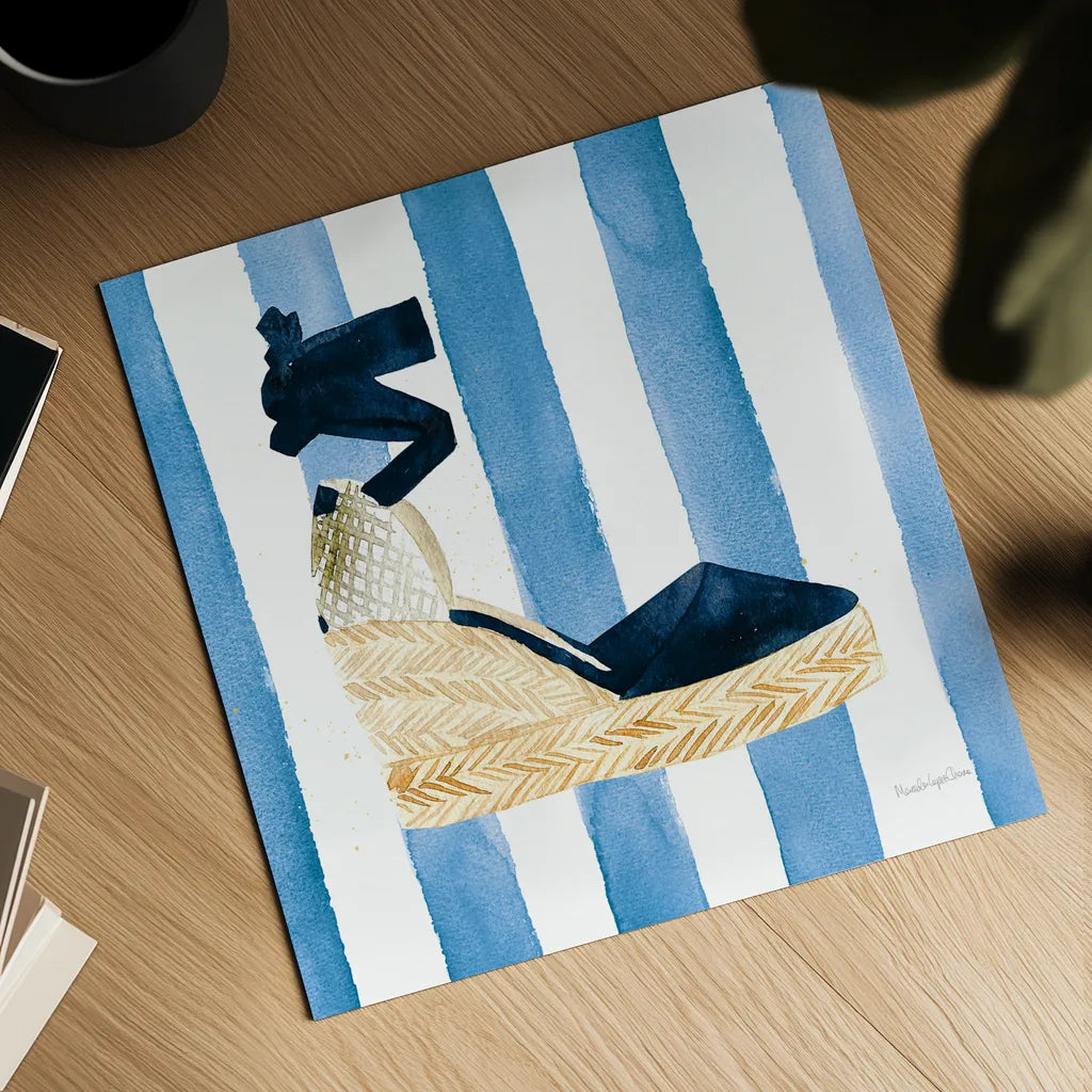 Beach Glam VI Navy on Stripes by Mercedes Lopez Charro. Shown as a detailed flat fine art print, highlighting archival giclee quality. Available as an archival giclee rolled canvas, fine art paper, or poster print. SKU 71995a.