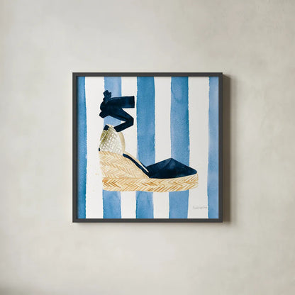 Beach Glam VI Navy on Stripes by Mercedes Lopez Charro. Shown in a sleek black glass frame for a contemporary gallery look. Available as an archival giclee rolled canvas, fine art paper, or poster print. SKU 71995a.