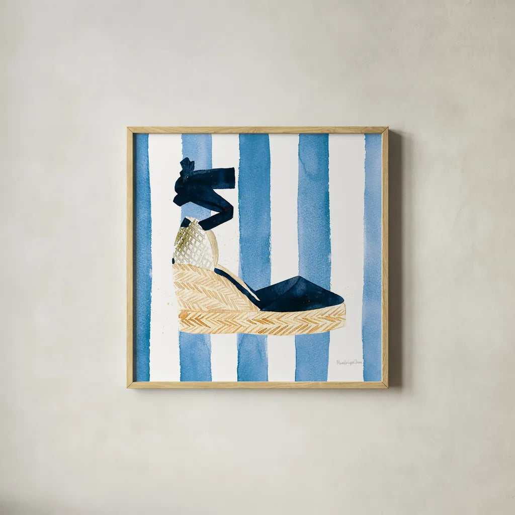 Beach Glam VI Navy on Stripes by Mercedes Lopez Charro. Shown in a natural wood glass frame for a timeless modern aesthetic. Available as an archival giclee rolled canvas, fine art paper, or poster print. SKU 71995a.