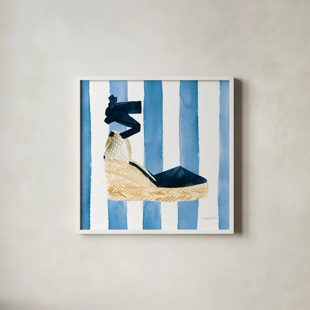 Beach Glam VI Navy on Stripes by Mercedes Lopez Charro. Shown in a crisp white glass frame for a clean and minimalist style. Available as an archival giclee rolled canvas, fine art paper, or poster print. SKU 71995a.