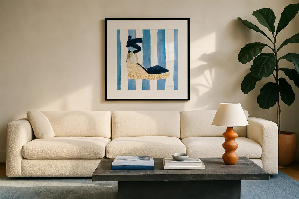 Beach Glam VI Navy on Stripes by Mercedes Lopez Charro. Displayed in a glass frame with matte in a clean modern living room. Available as an archival giclee rolled canvas, fine art paper, or poster print. SKU 71995a.