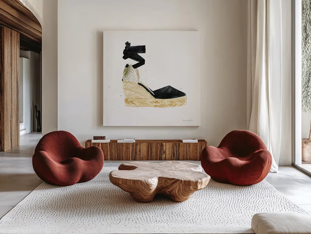 Beach Glam VI No Words by Mercedes Lopez Charro. Shown as extra-large giant wall art in a modern living room. Available as an archival giclee rolled canvas, fine art paper, or poster print. SKU 68794a.