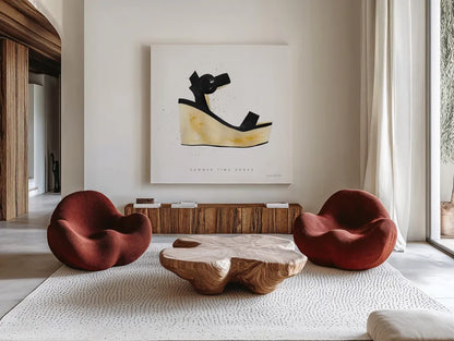 Beach Glam VII by Mercedes Lopez Charro. Shown as extra-large giant wall art in a modern living room. Available as an archival giclee rolled canvas, fine art paper, or poster print. SKU 68588a.