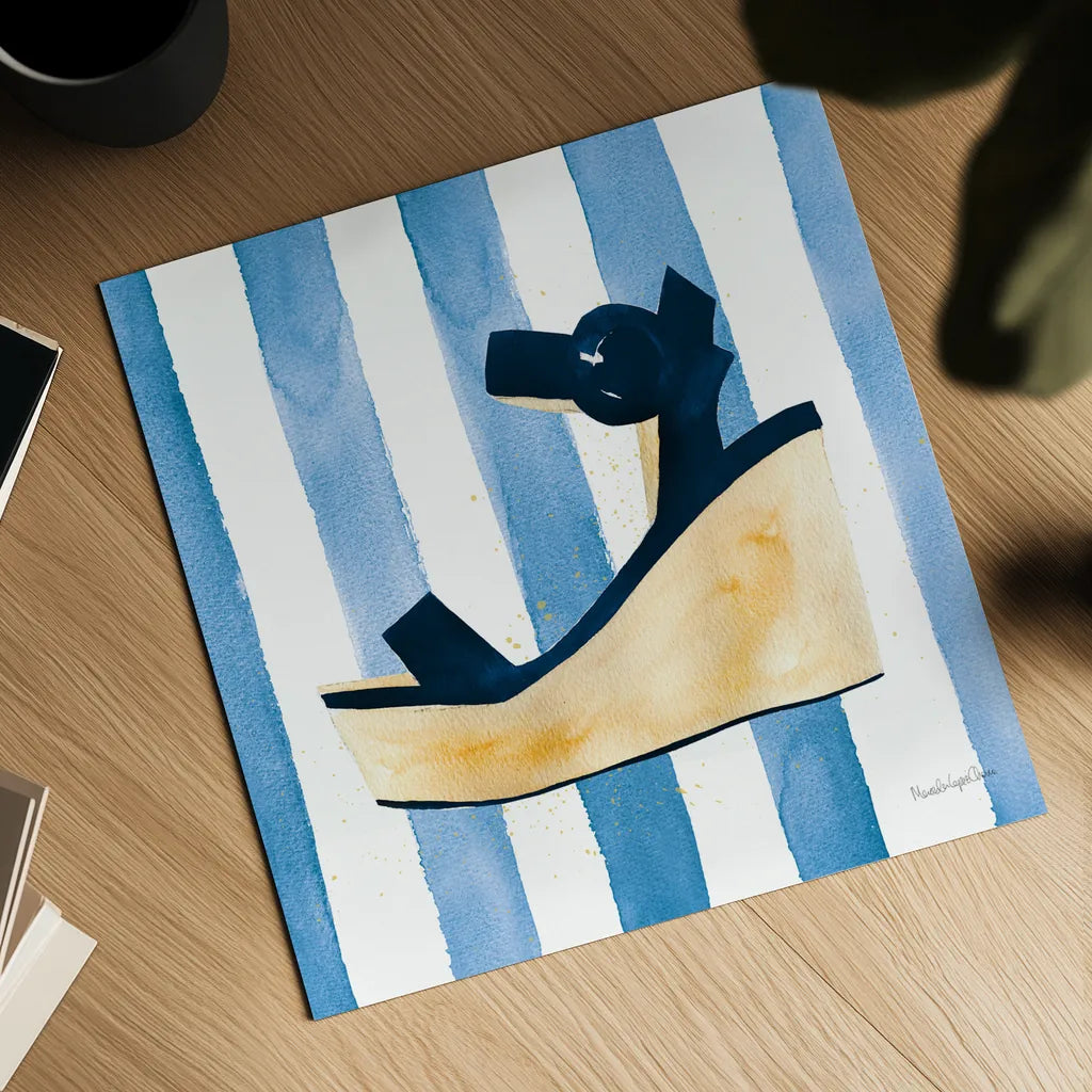 Beach Glam VII v2 Navy on Stripes by Mercedes Lopez Charro. Shown as a detailed flat fine art print, highlighting archival giclee quality. Available as an archival giclee rolled canvas, fine art paper, or poster print. SKU 71996a.
