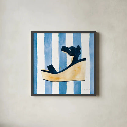 Beach Glam VII v2 Navy on Stripes by Mercedes Lopez Charro. Shown in a sleek black glass frame for a contemporary gallery look. Available as an archival giclee rolled canvas, fine art paper, or poster print. SKU 71996a.