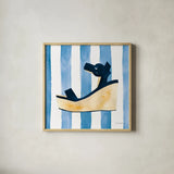 Beach Glam VII v2 Navy on Stripes by Mercedes Lopez Charro. Shown in a natural wood glass frame for a timeless modern aesthetic. Available as an archival giclee rolled canvas, fine art paper, or poster print. SKU 71996a.