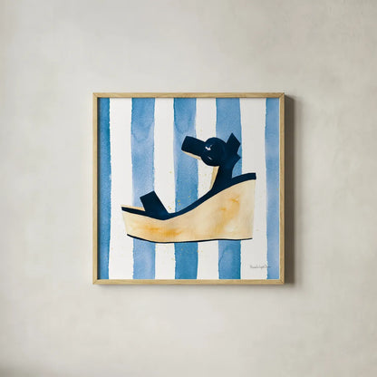 Beach Glam VII v2 Navy on Stripes by Mercedes Lopez Charro. Shown in a natural wood glass frame for a timeless modern aesthetic. Available as an archival giclee rolled canvas, fine art paper, or poster print. SKU 71996a.