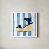 Beach Glam VII v2 Navy on Stripes by Mercedes Lopez Charro. Shown in a crisp white glass frame for a clean and minimalist style. Available as an archival giclee rolled canvas, fine art paper, or poster print. SKU 71996a.